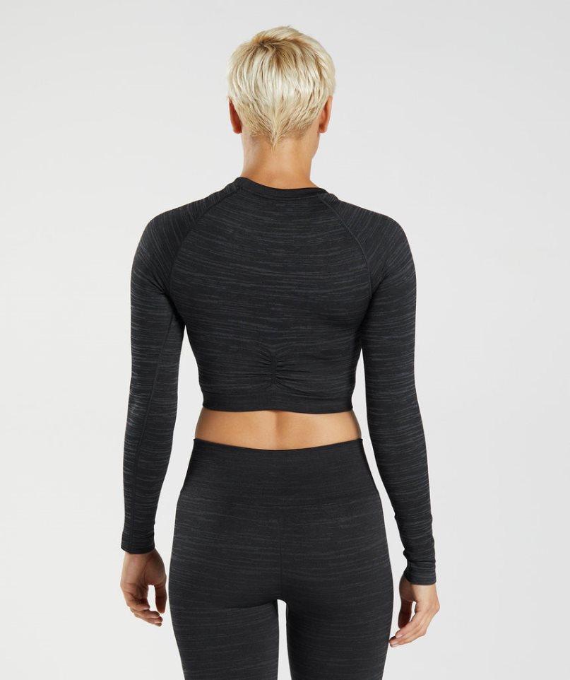 Women's Gymshark Adapt Marl Seamless Long Sleeve Cropped Tops Black | NZ 2ZXRQD